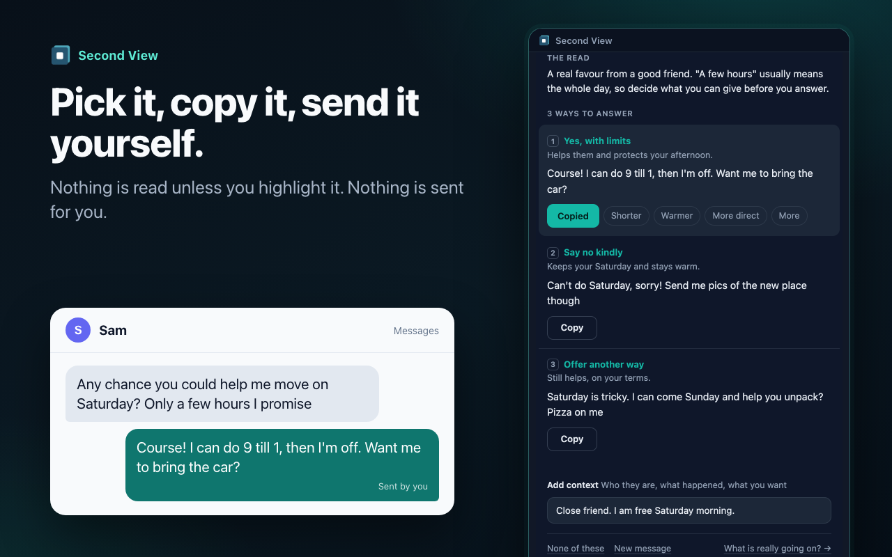 The chosen reply copied from the panel and sent by the user in the chat. The panel shows Shorter, Warmer and More direct buttons under it.